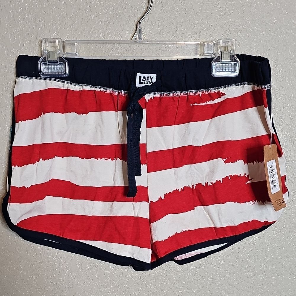NWT Lazy One Medium Women's Blue Red and White Striped‎ Boxer Pj Shorts